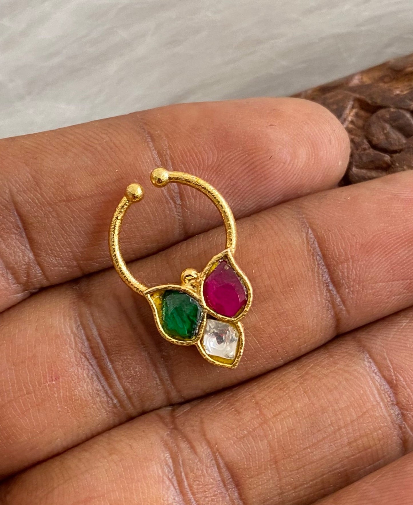 Gold tone kundan jadau pink-green-white stone nose pin/bulakku dj-53742