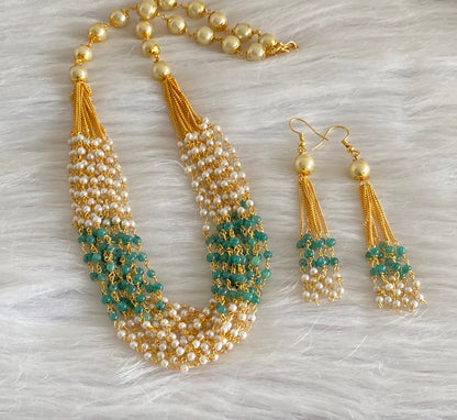 Gold tone green beaded pearl multilayer necklace set dj-54211