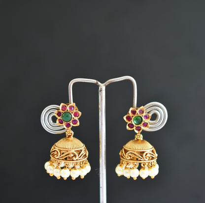 Antique gold tone kemp-green flower jhumkka dj-51929