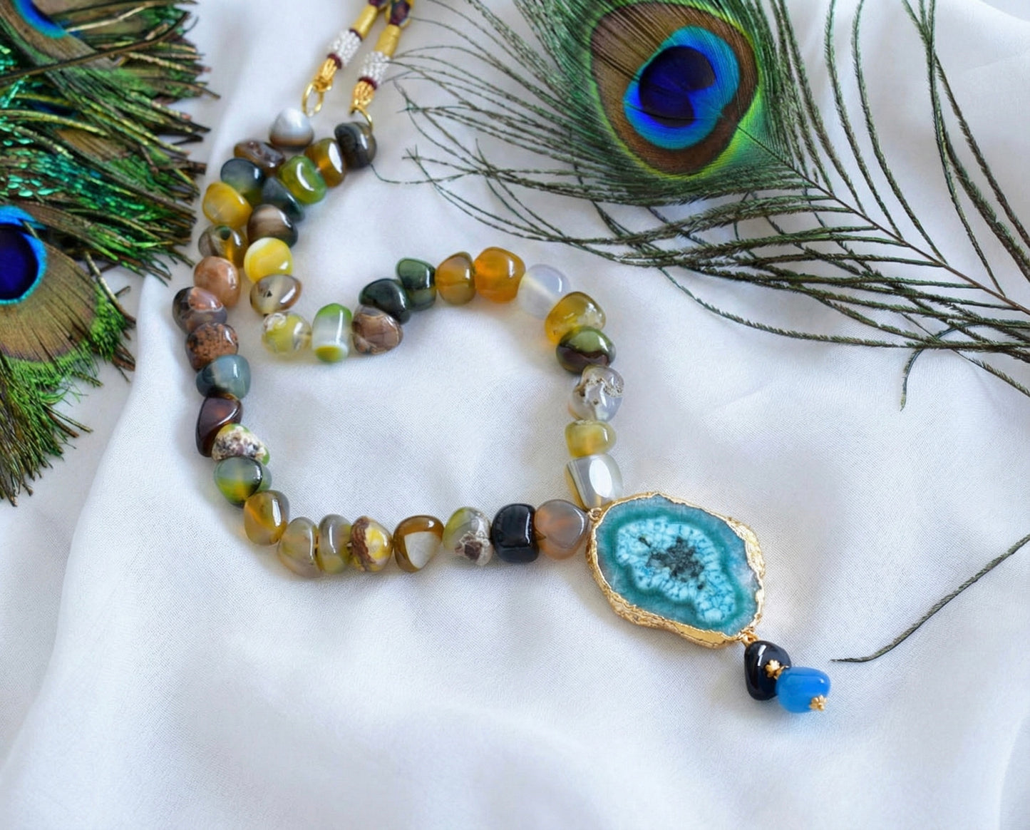 Gold tone multicolor onyx beaded sliced agate pendant necklace dj-35088
