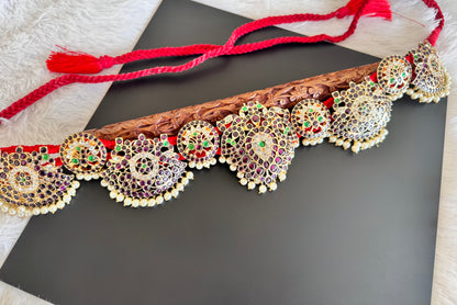 Gold tone precious kemp-green pearl peacock waist band dj-52540