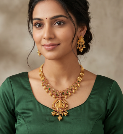 Gold Tone Ruby-emerald Lakshmi Necklace With Screw Back Earrings-dj12936
