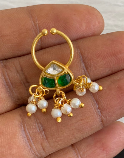 Gold tone kundan jadau green-white stone pearl nose pin/bulakku dj-53796