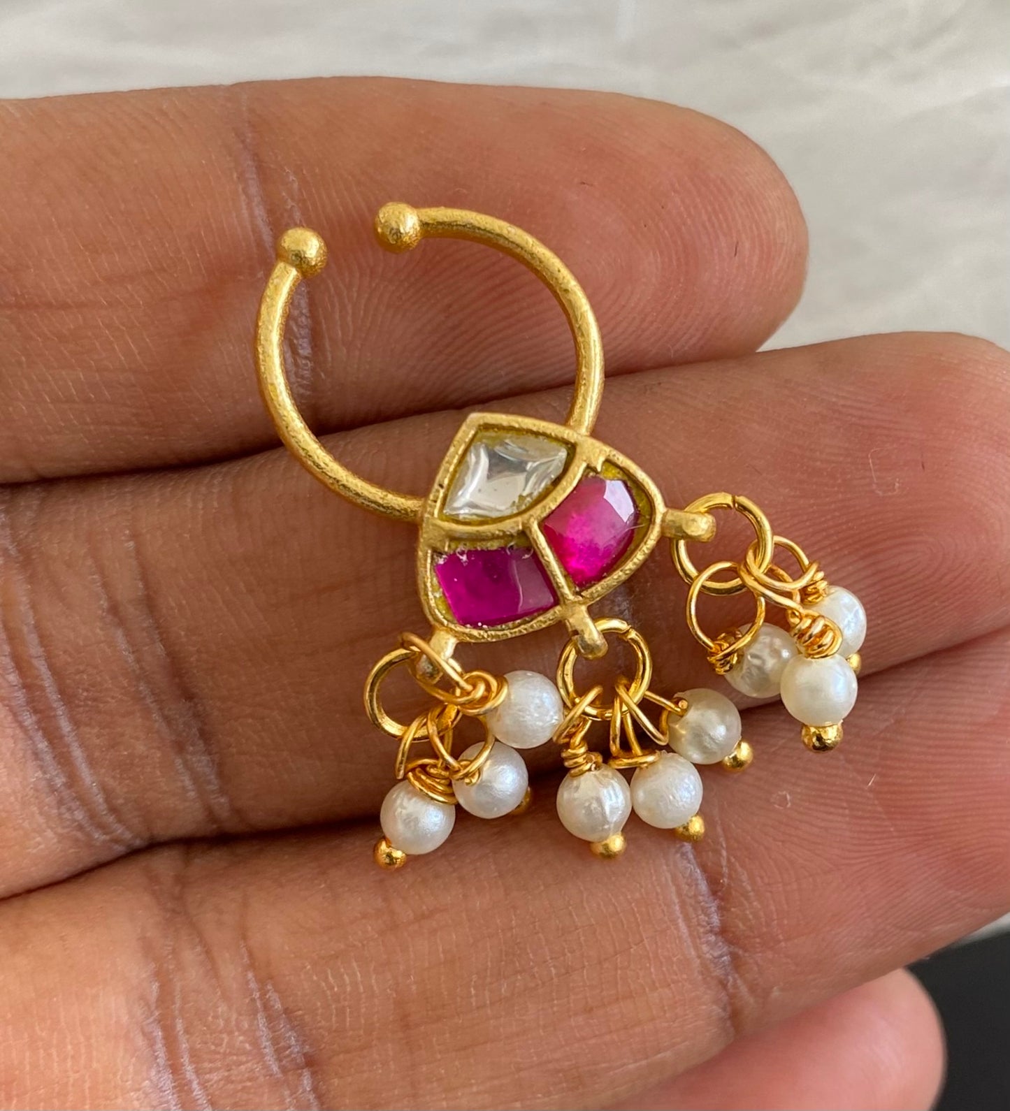 Gold tone kundan jadau pink-white stone pearl nose pin/bulakku dj-53797
