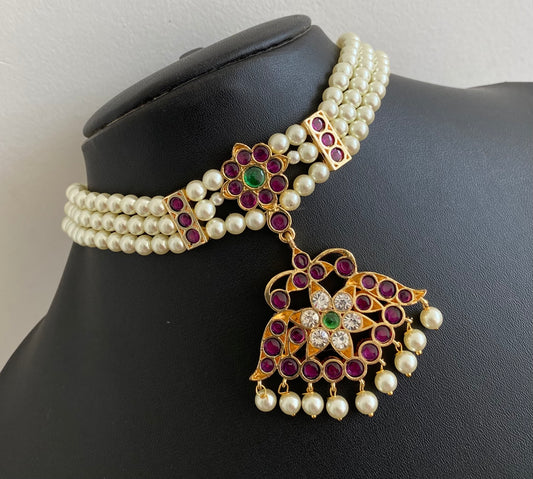 Gold tone precious kemp-green-white pearl reversible flower choker necklace dj-53934