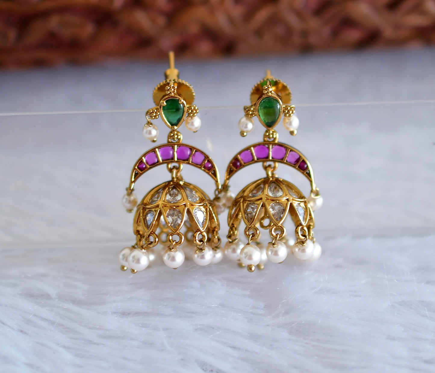 Antique gold tone kemp-green pearl jhumkka dj-51936