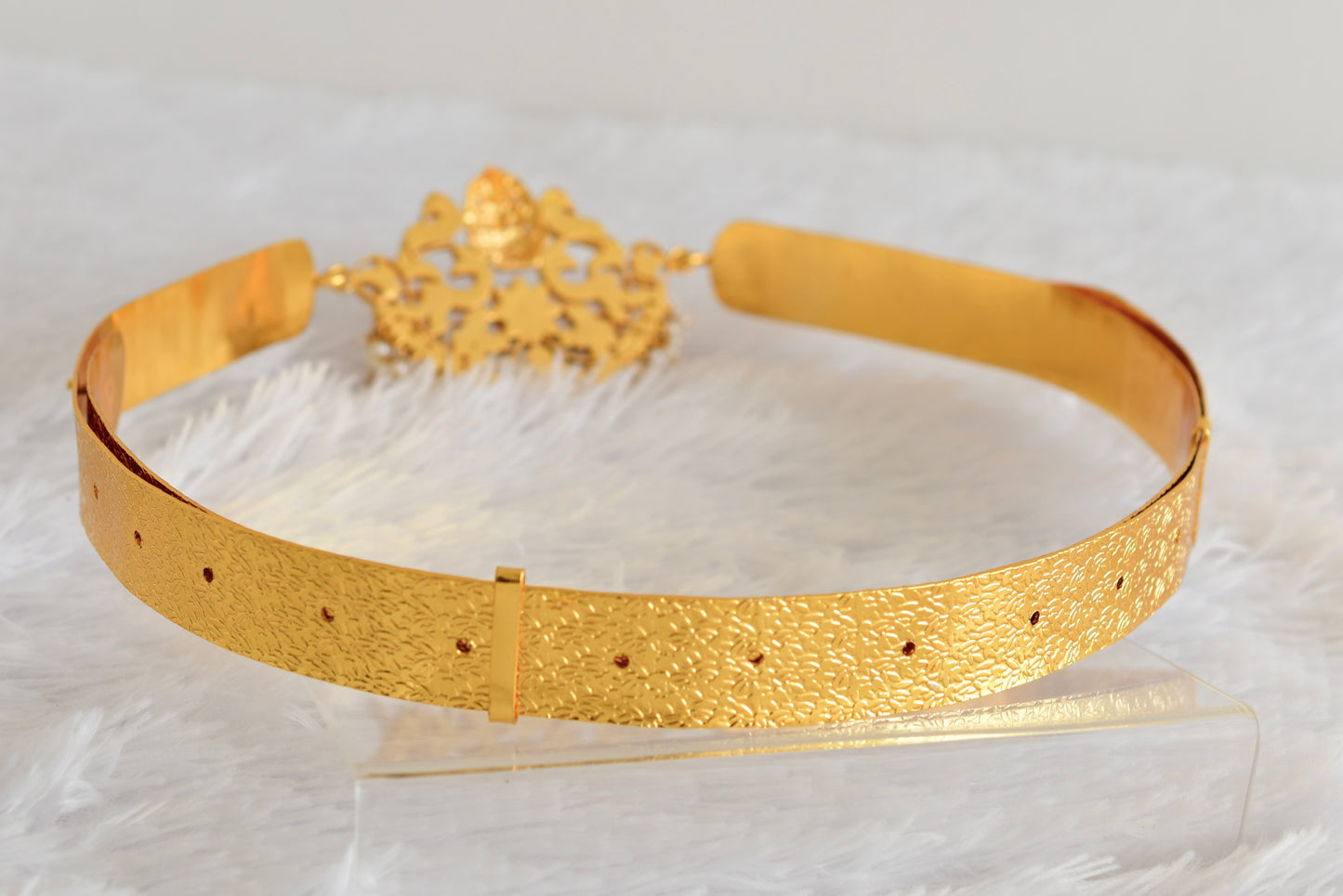 Gold tone pink-green-white kundan jadau Lakshmi mango waist band dj-52173