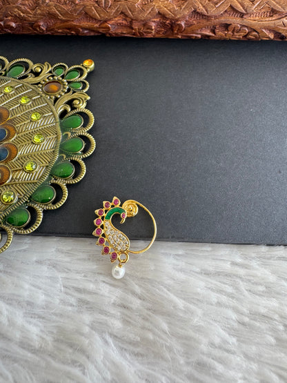 Gold tone pink-green peacock nose pin Dj-52037