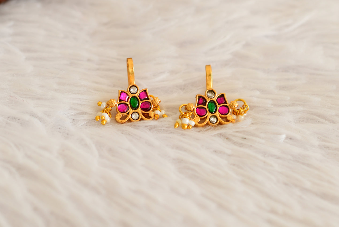 Gold tone pink-green-white kundan jadau butterfly bugadi earrings dj-52485