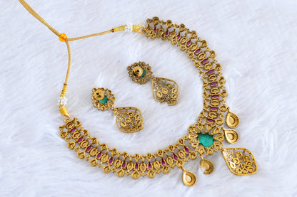 Antique gold tone pink-sea green-white necklece set dj-53017