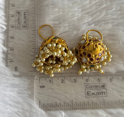 Matte finish kemp-green-white kundan pearl cluster hook jhumkka dj-51480