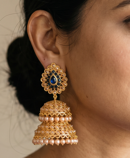 Gold Tone Blue Polki Stone big Step Jhumkka-dj13118