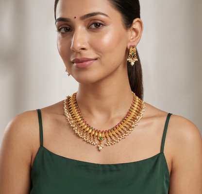 Matte Finish Ruby-emerald Pearl Necklace With Screw Back Earrings -dj13297