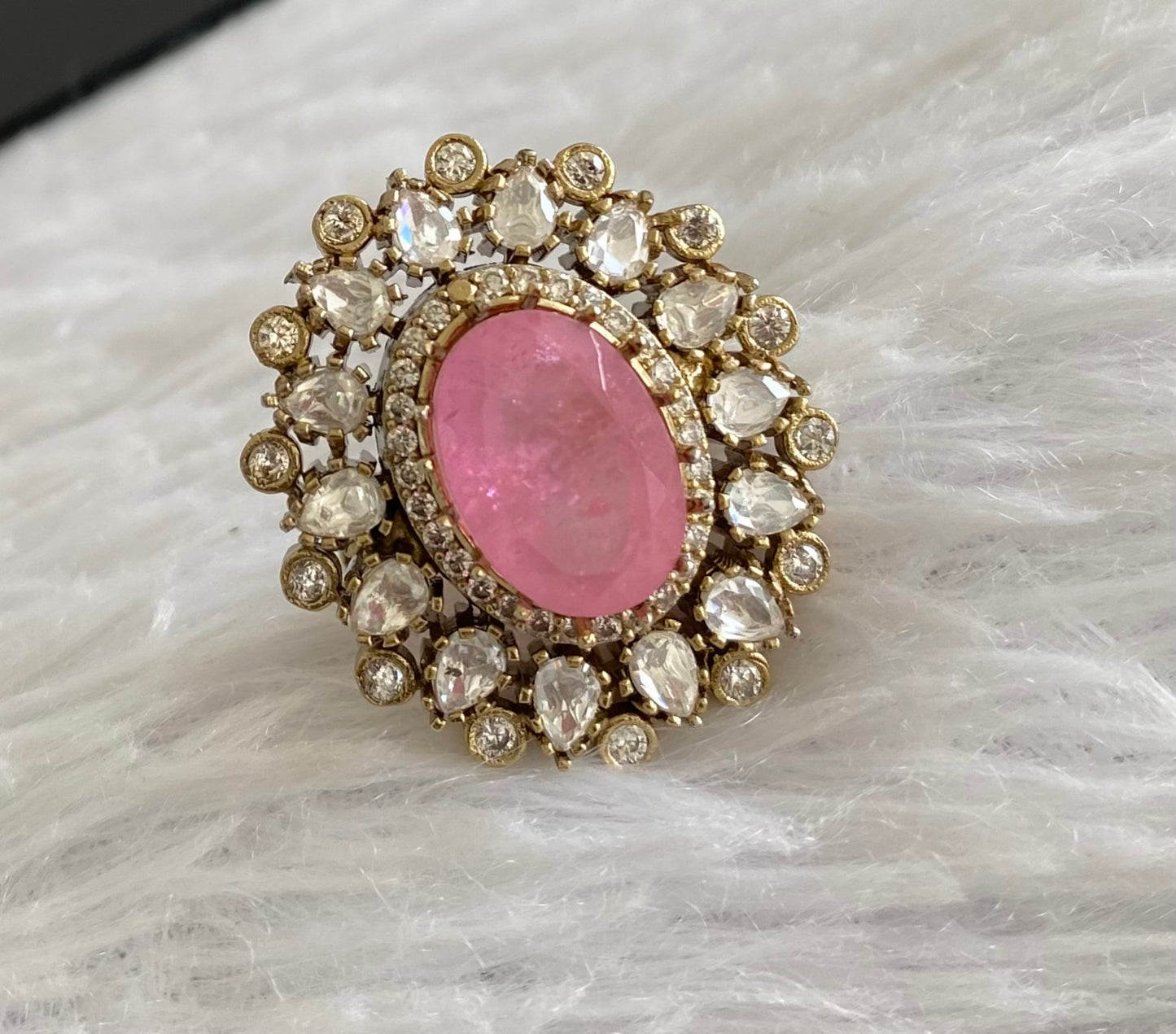 Two tone cz white-baby pink stone finger ring dj-53685
