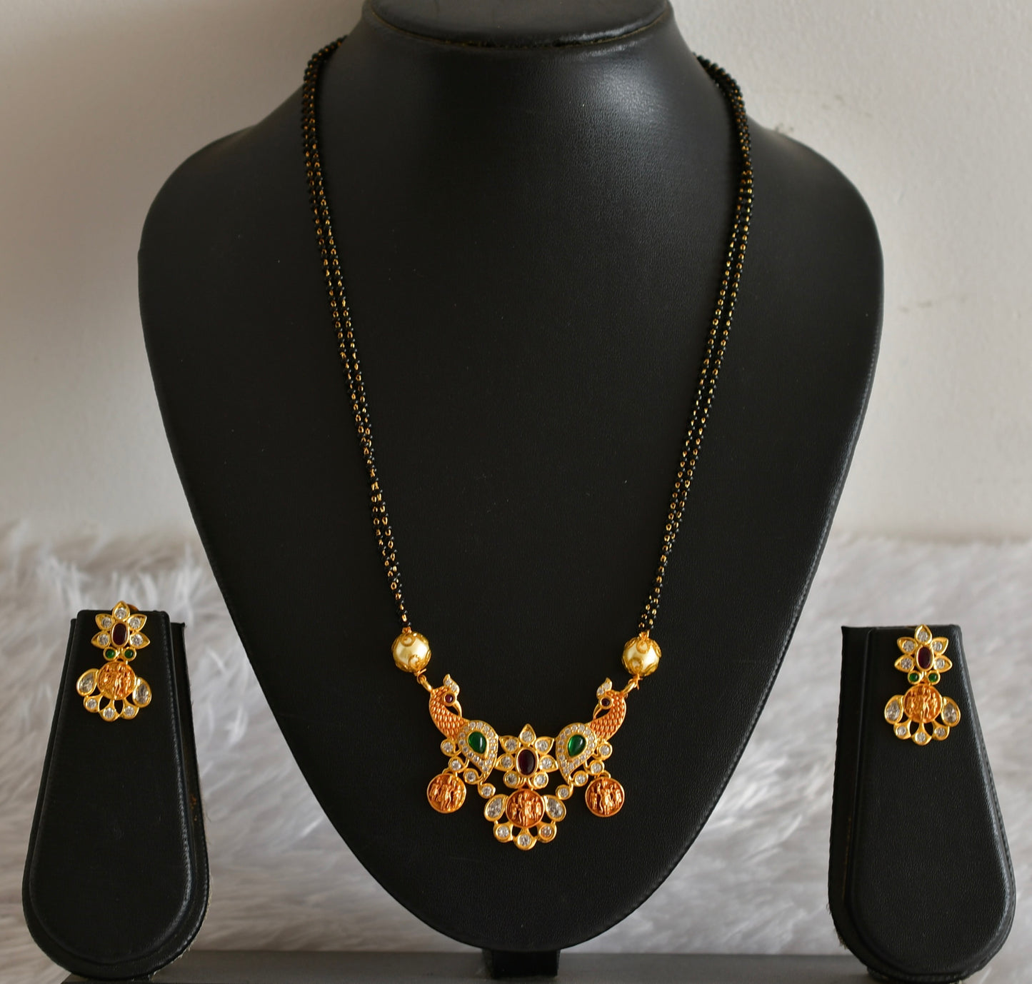 Gold tone kemp-green-white peacock-ram parivar mangalsutra set dj-51986