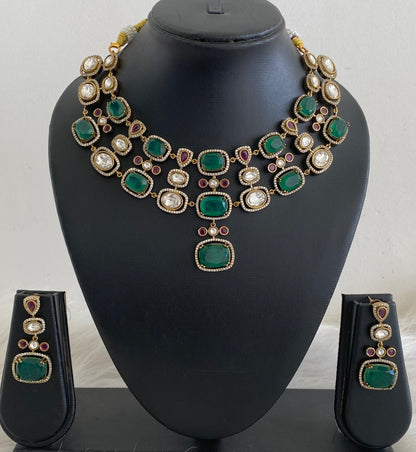 Antique gold tone green-pink-white necklace set dj-54800