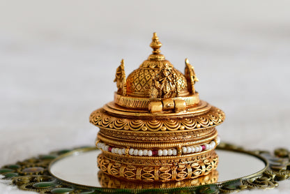 Antique gold tone Shri Krishna temple kumkum box dj-52324