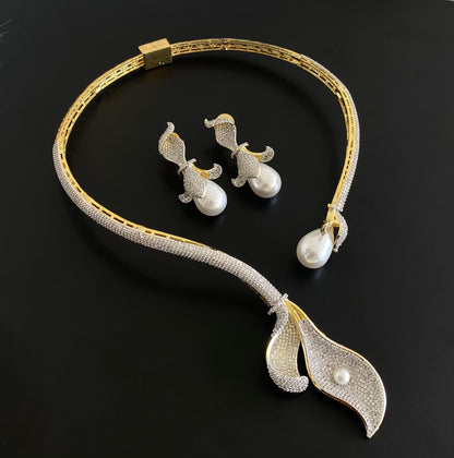 Two tone cz white stone pearl open collar/hasli necklace set dj-54350