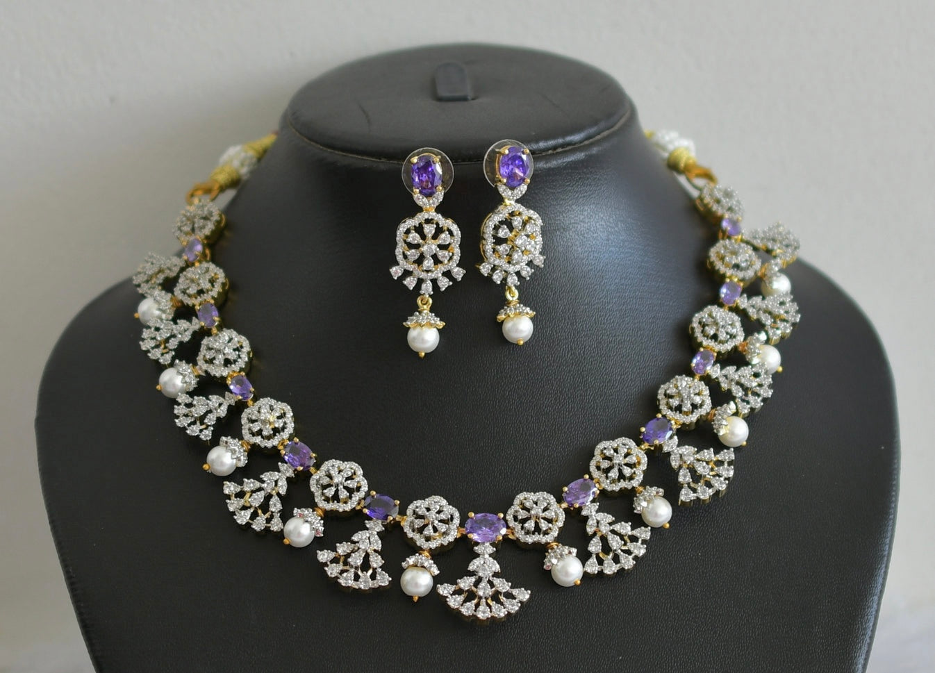 Two tone cz white-purple oval stone pearl flower necklace set dj-48937