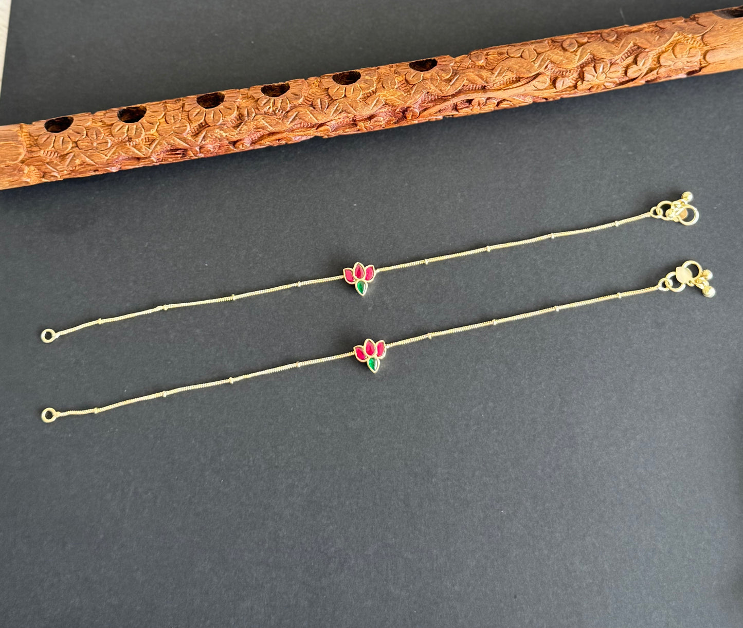 Mild Gold tone pink-green lotus kundan jadau anklets dj-51434