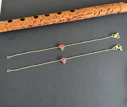 Mild Gold tone pink-green lotus kundan jadau anklets dj-51434