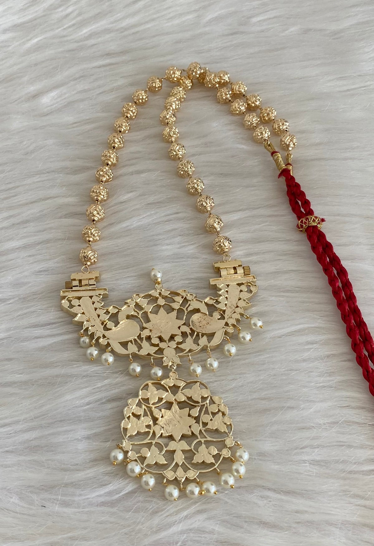Gold tone precious kemp-green-white peacock flower nakshi beaded haar dj-54734