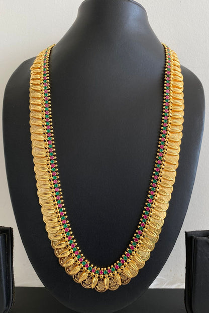 Gold tone ruby-green stone Lakshmi coin haar dj-41941