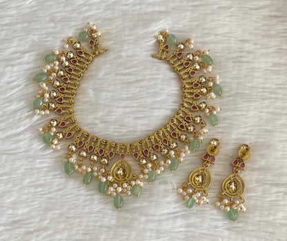 Antique gold tone cz white-ruby stone green beaded victorian necklace set dj-54438