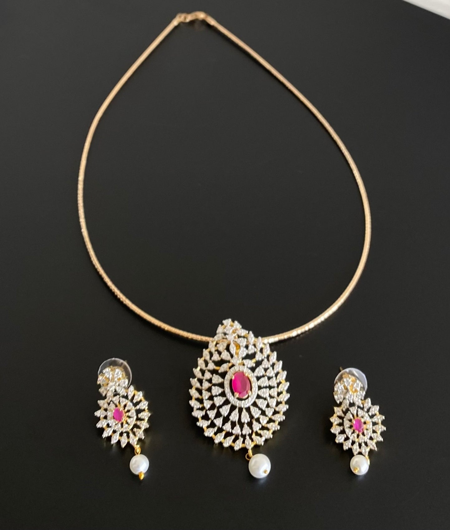 Two tone cz white-pink pearl pendant set with kanti necklace dj-54245