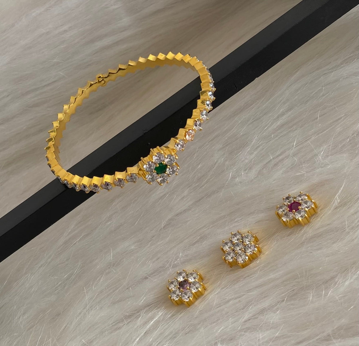 Gold tone white stone flower changeable kada/bangle dj-54849