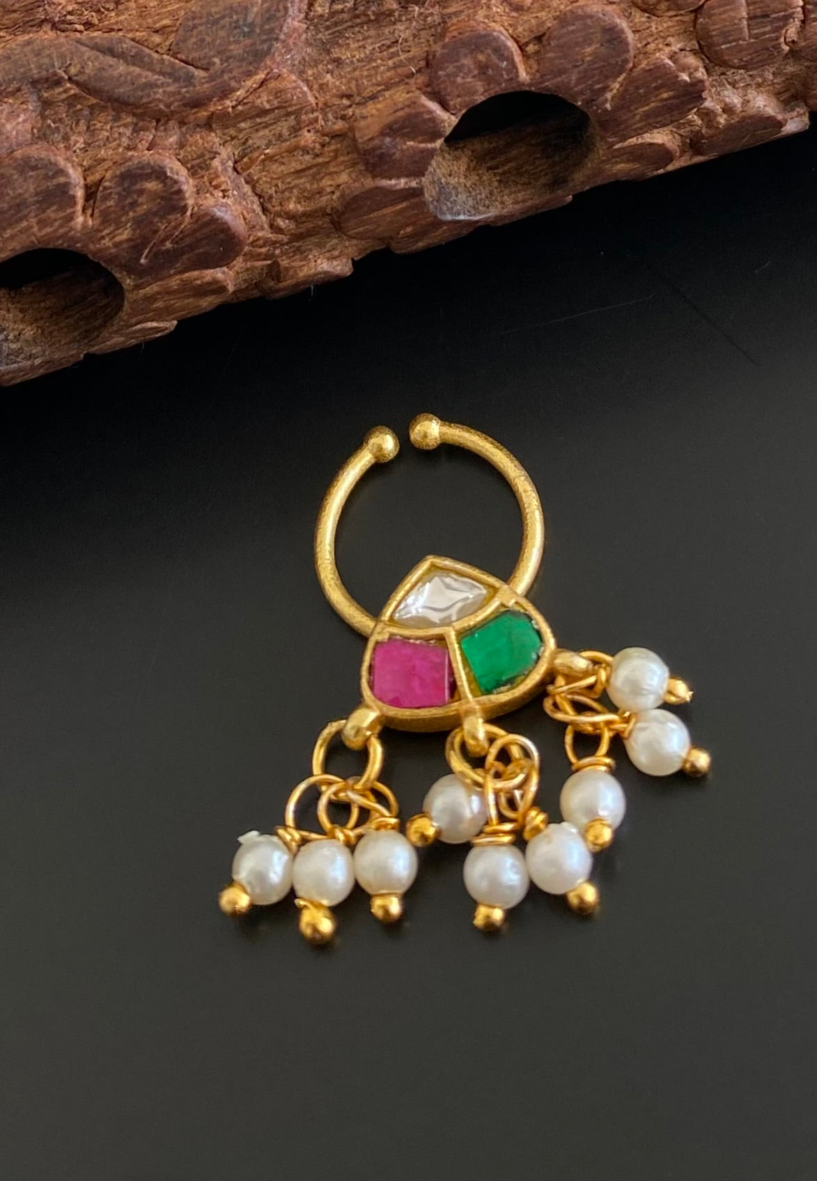 Gold tone kundan jadau pink-white-green stone pearl nose pin/bulakku dj-53798