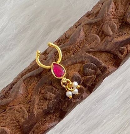 Gold tone pink stone pearl nose pin/bulakku dj-53810