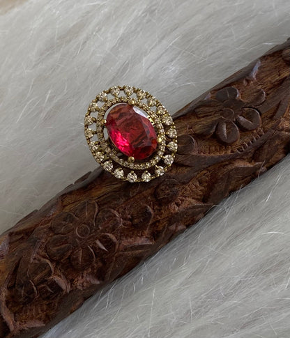 Antique gold tone cz white-maroon stone finger ring dj-55036