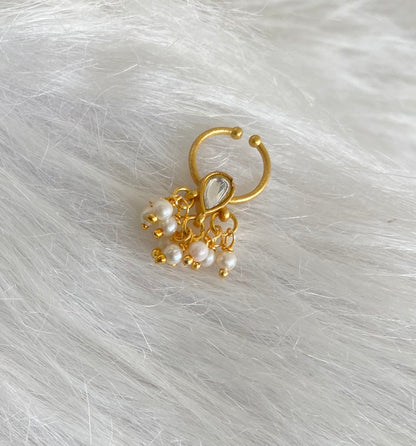 Gold tone white stone pearl nose pin/bulakku dj-53821