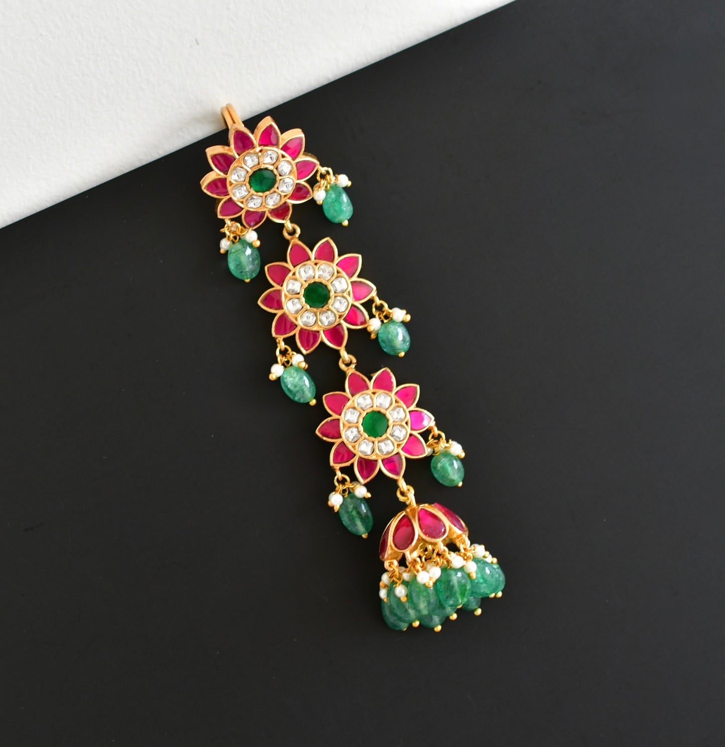 Gold tone pink-green kundan jadau flower hair jewel dj-52374