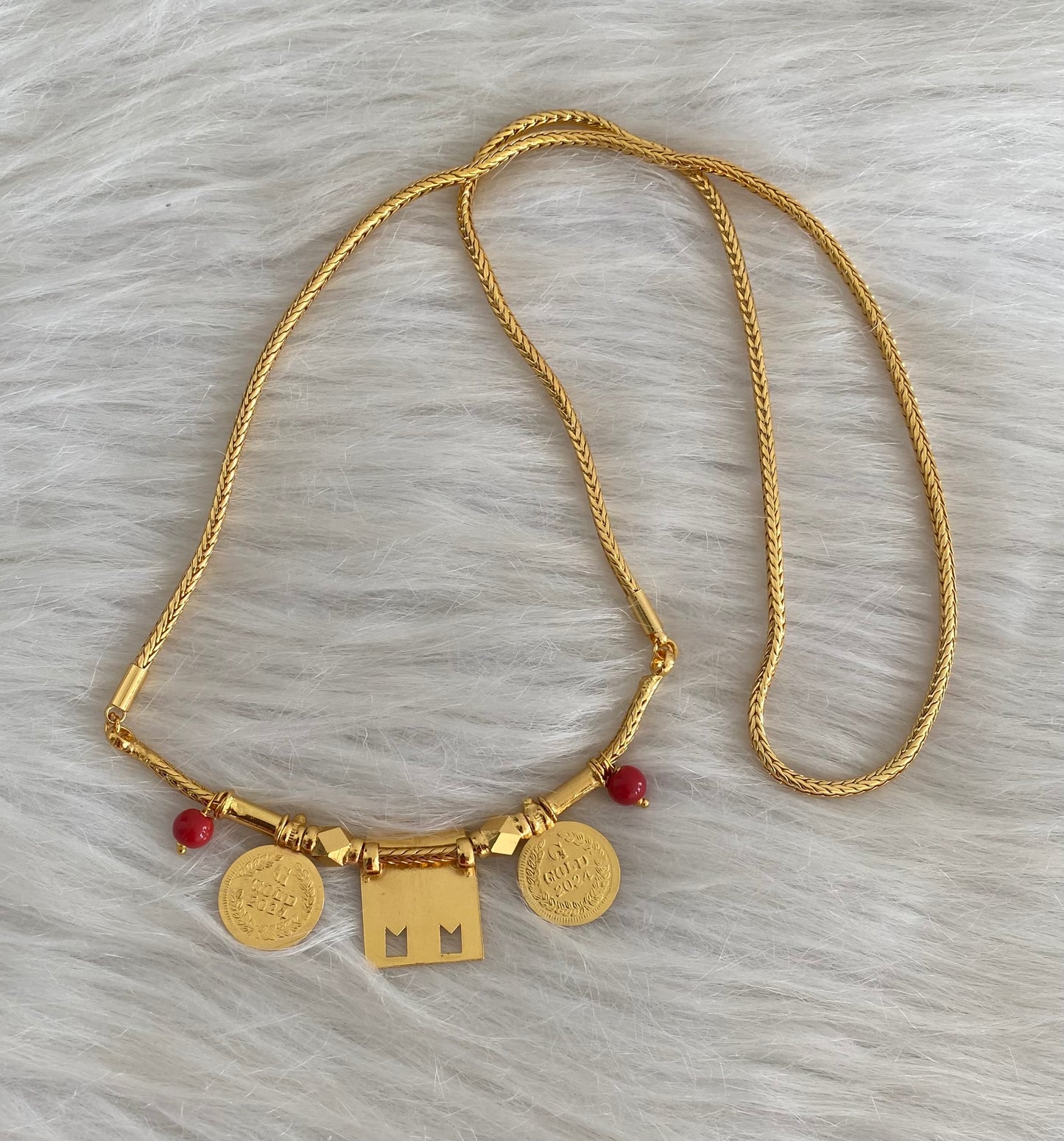 Gold tone 24 inches chain coral beads lakshmi coin thirumal nama-shanku-chakra mangalyam dj-54553