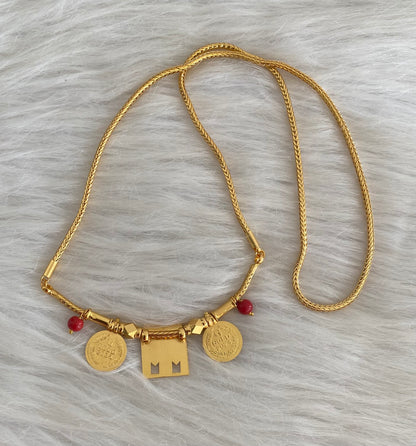 Gold tone 24 inches chain coral beads lakshmi coin thirumal nama-shanku-chakra mangalyam dj-54553