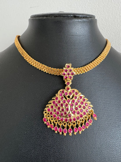 Gold tone ad pink South Indian style swan attigai/necklace dj-47313