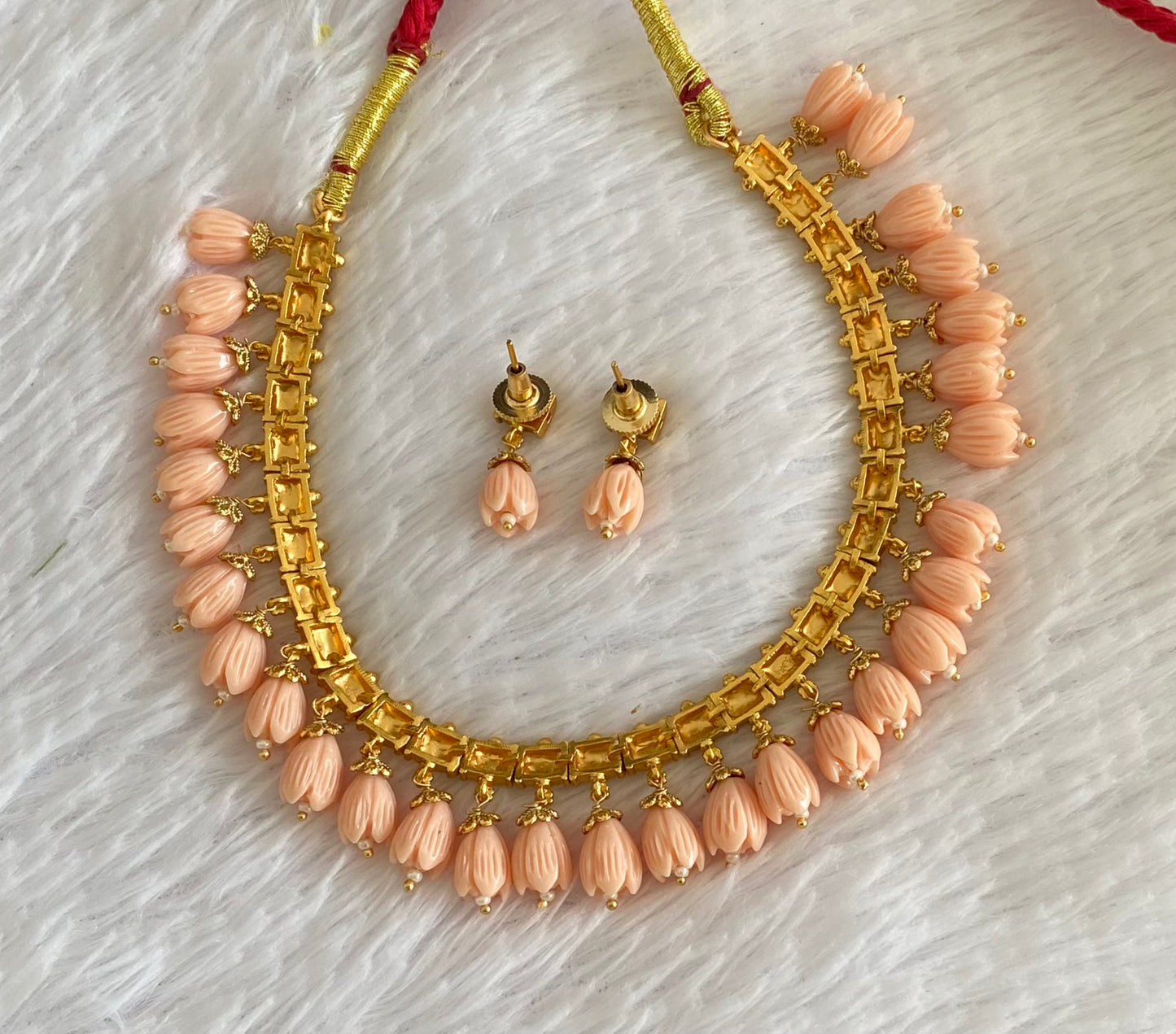 Antique gold tone peach colour tulip beaded necklace set dj-54370