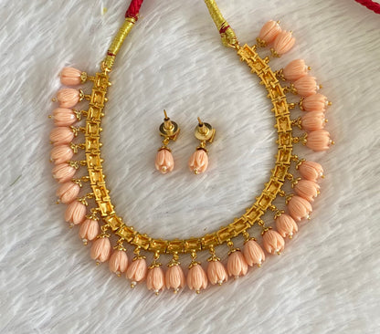 Antique gold tone peach colour tulip beaded necklace set dj-54370