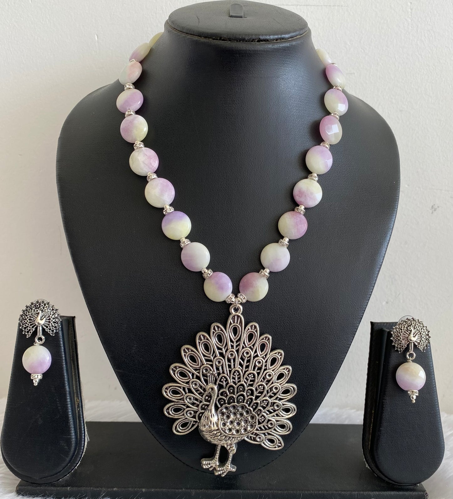 Silver tone cream purple beaded peacock pendant necklace set dj-52919