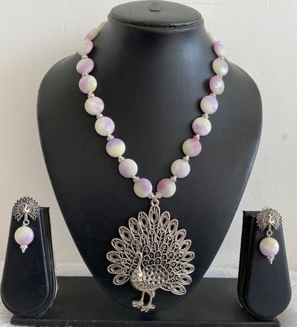 Silver tone cream purple beaded peacock pendant necklace set dj-52919