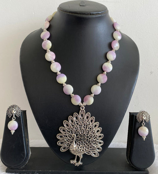 Silver tone cream purple beads peacock pendent hand made necklace set dj-52919