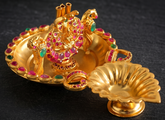 Matte Finish Ruby-emerald Lakshmi Diya And Doopa stand - DJ14367
