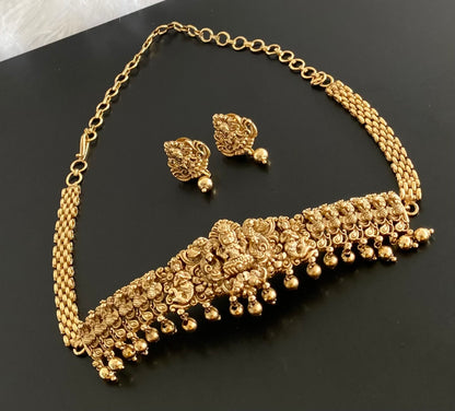 Antique gold tone lakshmi peacock choker necklace set dj-54408
