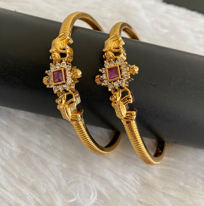 Antique gold tone pink-white stone elephant kada type bangles(2.6) dj-53460
