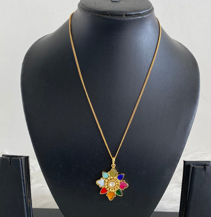 Gold tone navarathna flower kundan jadau chain with pendant dj-54501
