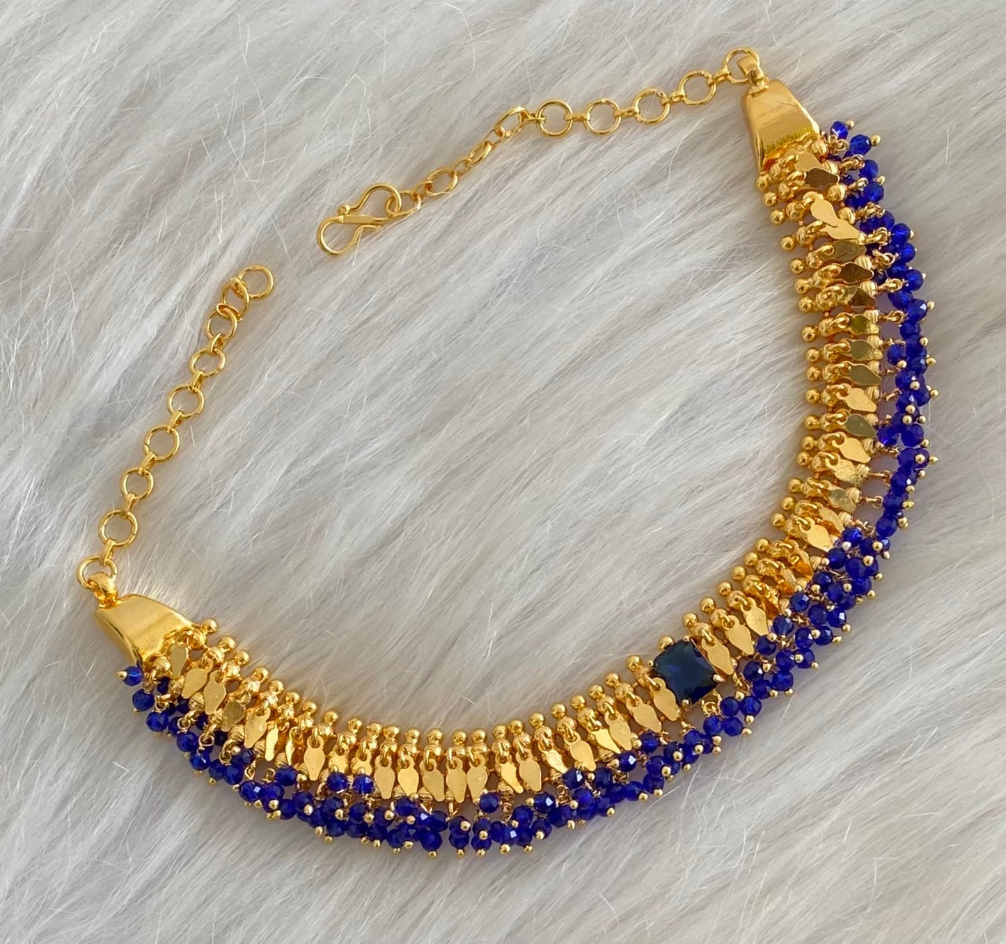 Gold tone Kerala style elakka blue beaded choker necklace dj-54298