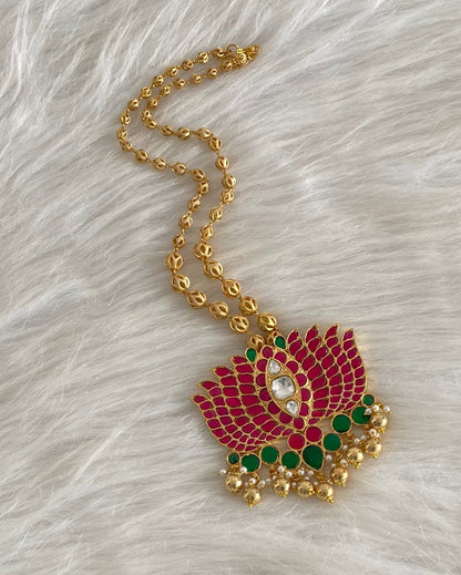 Gold tone pink-green kundan jadau lotus pendant necklace dj-52602
