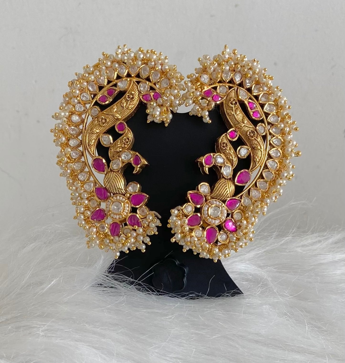Gold tone pink-white kundan jadau big peacock khanpool earrings dj-54569